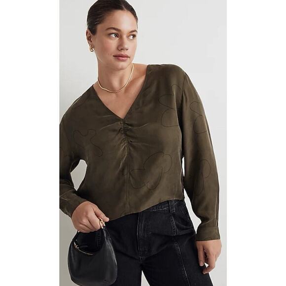 MADEWELL Womens Green Ruched Drapey Brushed Fabric V-Neck Top Sz 14 - Picture 1 of 14